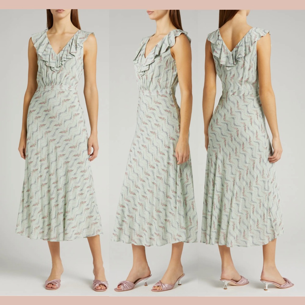 NWT $329 PAIGE [ 2 ] Shona Floral Ruffled‎ Midi Dress in Dusty Sage #U1366